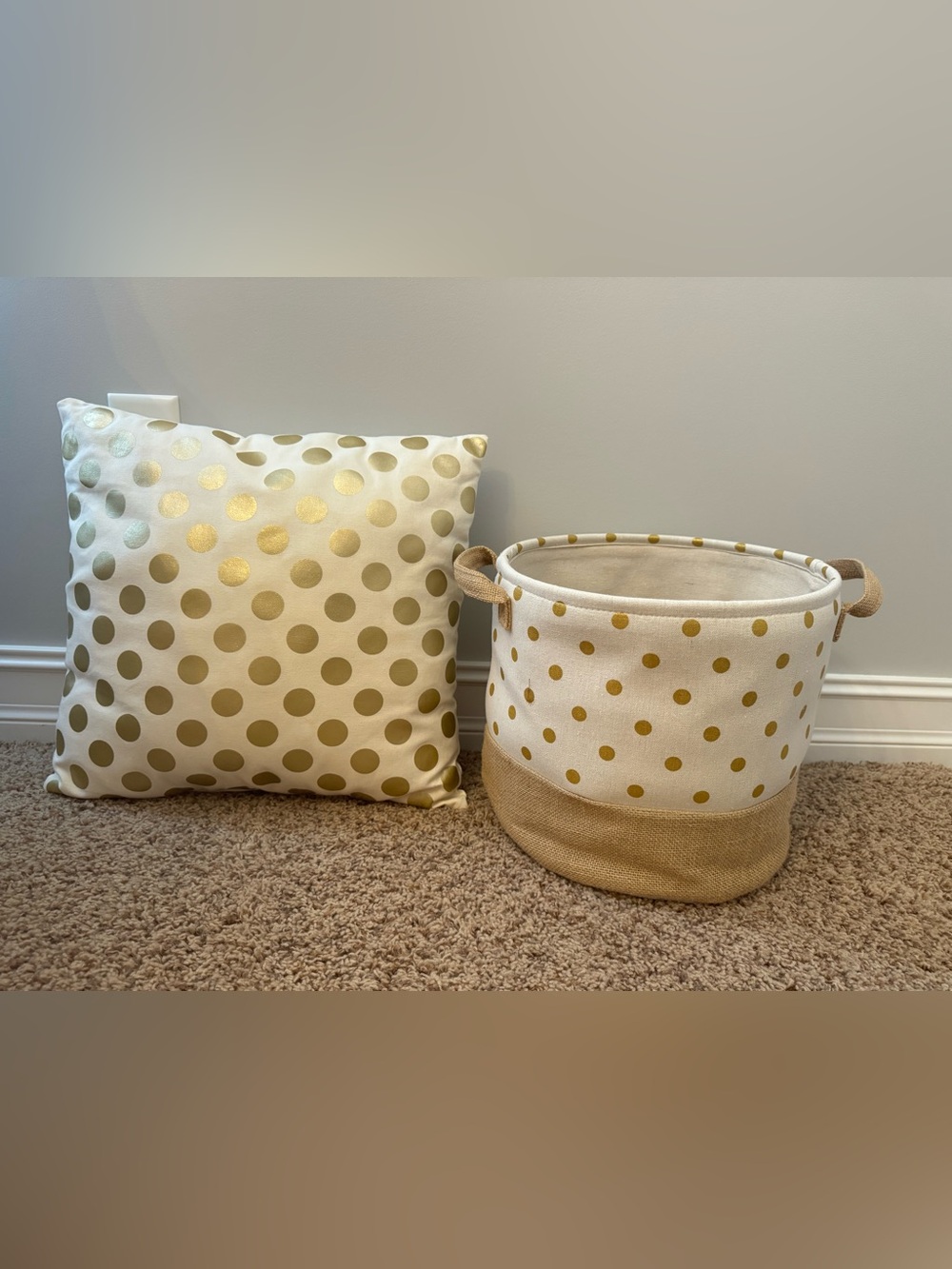 Gold Polka Dot Decorative Pillow and Storage Basket Set